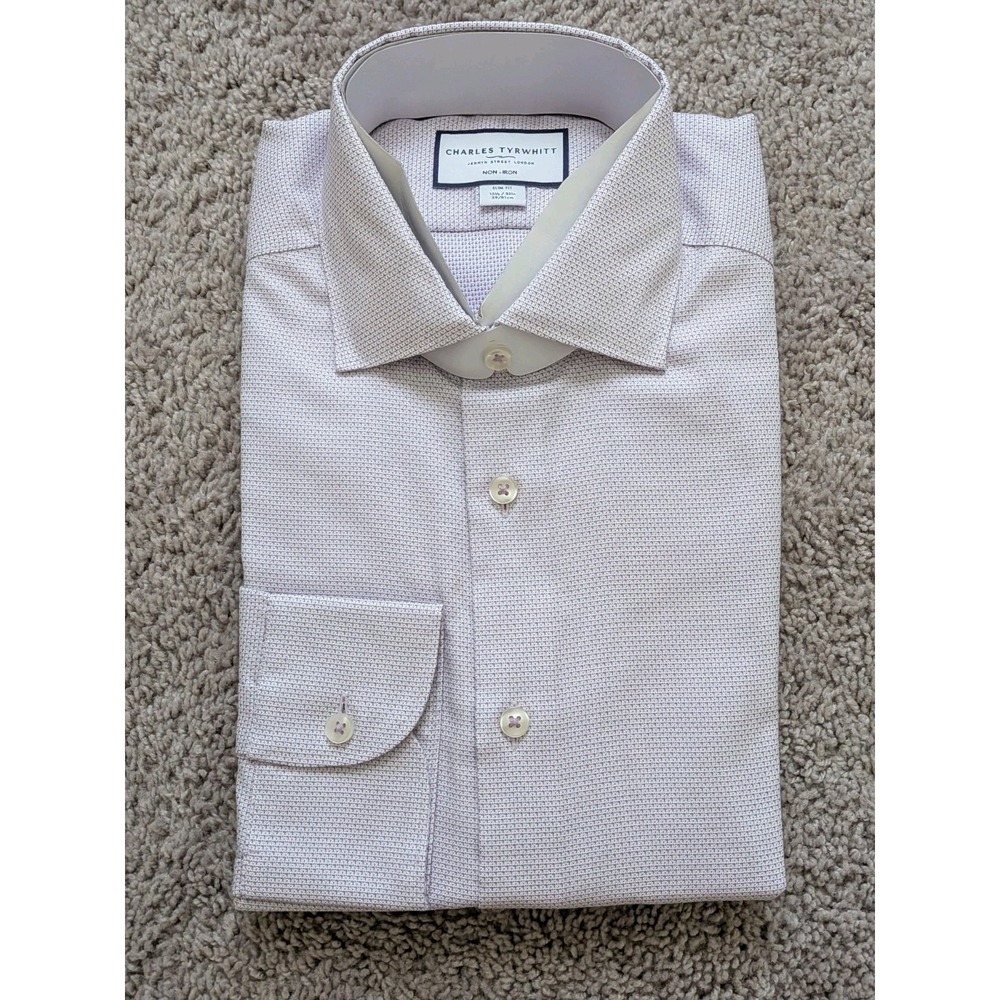 Charles Tyrwhitt Shirt 15.5/32 Lilac Texture Pattern Non-Iron Slim Fit NWT